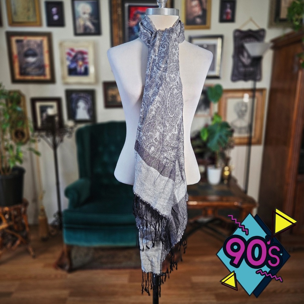 Pashmina Scarf Grey Silver Paisley Vintage 90s Silk Blend Wrap Shawl Fringed
